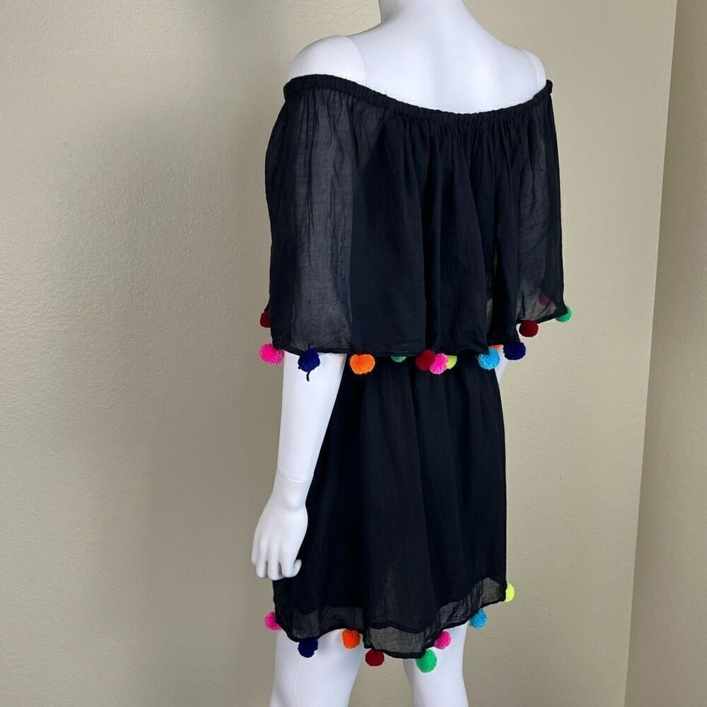 Pitusa Womens Size Standard Black Pompom Festival Cotton Mini Coverup Dress Boho - Picture 15 of 17